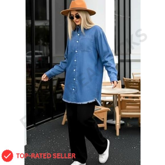 Oversized Denim Shacket Button-Up Long Sleeve Chic Casual Western Y2K - Picture 6 of 6